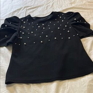 SHEIN Black and White Puff Sleeve Embellished Blouse
